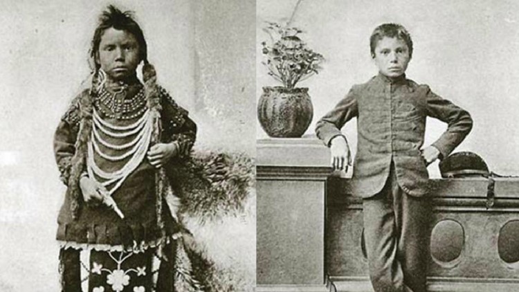A side-by-side comparison of a Native child in their traditional clothing before a boarding school, and after, where the child is in Western clothing with closely cropped hair.
